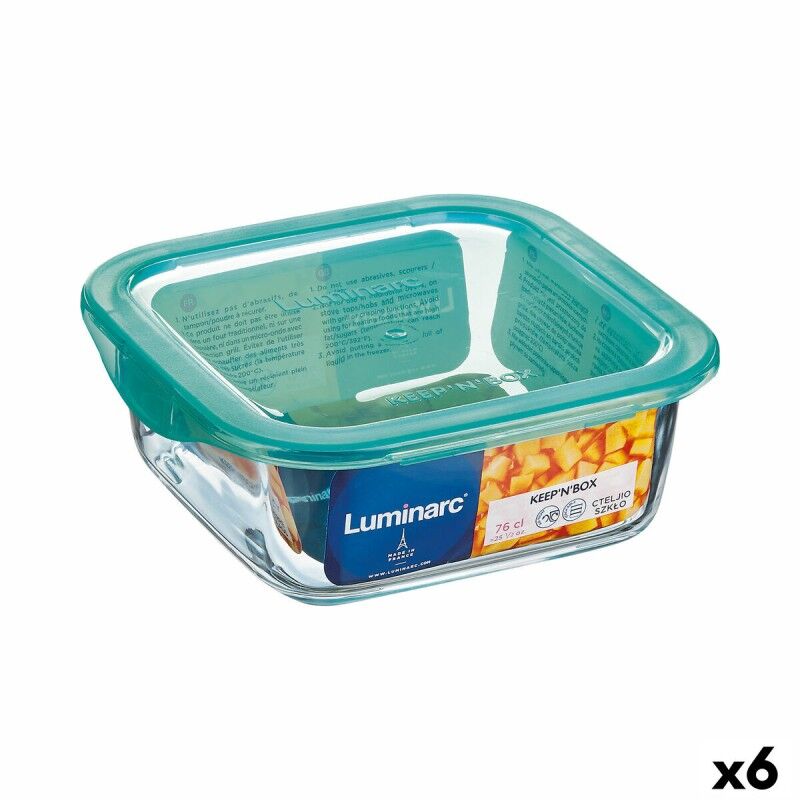 Porta Pranzo Quadrato con Coperchio Luminarc Keep'n Lagon 10 x 5,4 cm Turchese 380 ml Bicolore Vetro (6 Unità)