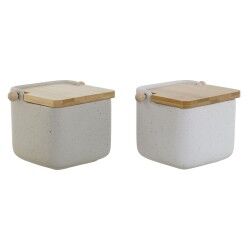 Portasale con Coperchio Home ESPRIT Bianco Beige Naturale Bambù Dolomite 15 x 12 x 11 cm (2 Unità)